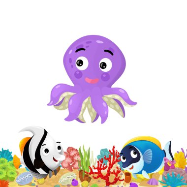 Mercan resifli karikatür sahnesi ve çocuklar için izole edilmiş resimlerin yakınında yüzen mutlu balıklar.