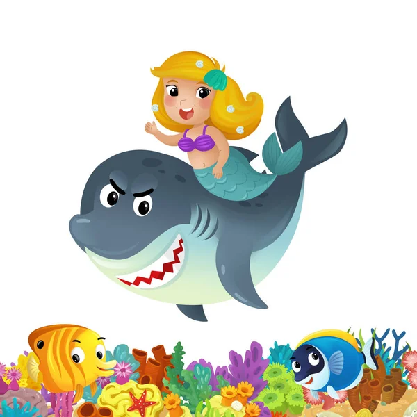 stock image cartoon scene with coral reef and happy fishes swimming near mermaid isolated illustration for kids