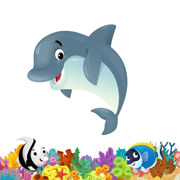 cartoon scene with coral reef and happy fishes swimming near mermaid isolated illustration for kids
