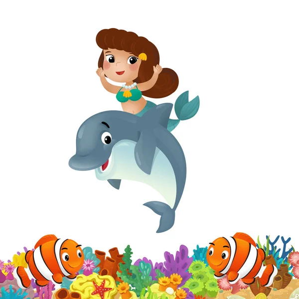 Cartoon Scene Coral Reef Happy Fishes Swimming Mermaid Isolated Illustration — Stock Photo, Image