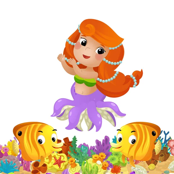 cartoon scene with coral reef and happy fishes swimming near mermaid isolated illustration for kids