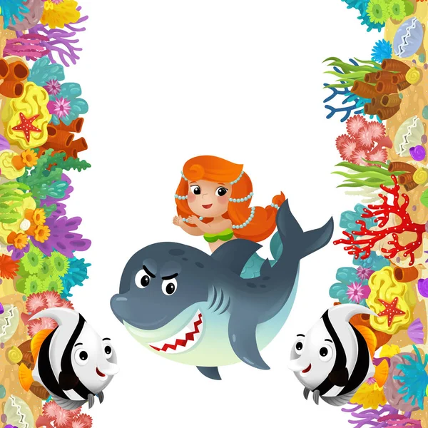 stock image cartoon scene with coral reef and happy fishes swimming near mermaid isolated illustration for kids