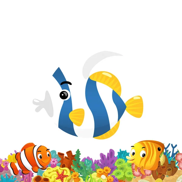 cartoon scene with coral reef and happy fishes swimming near isolated illustration for kids