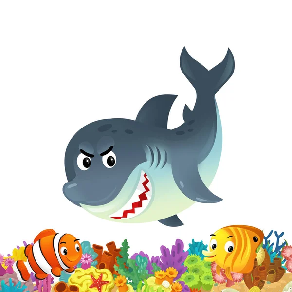 Cartoon Scene Met Koraalrif Gelukkige Vissen Zwemmen Buurt Geïsoleerde Illustratie — Stockfoto