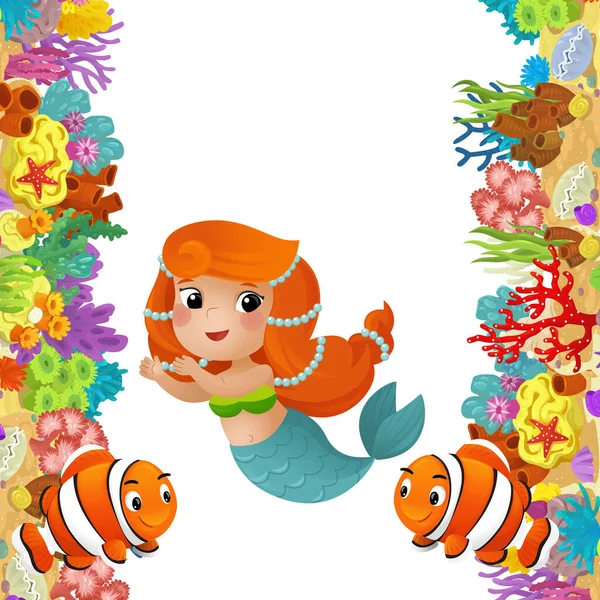 Cartoon Scene Coral Reef Happy Fishes Swimming Mermaid Isolated Illustration — Stock Photo, Image