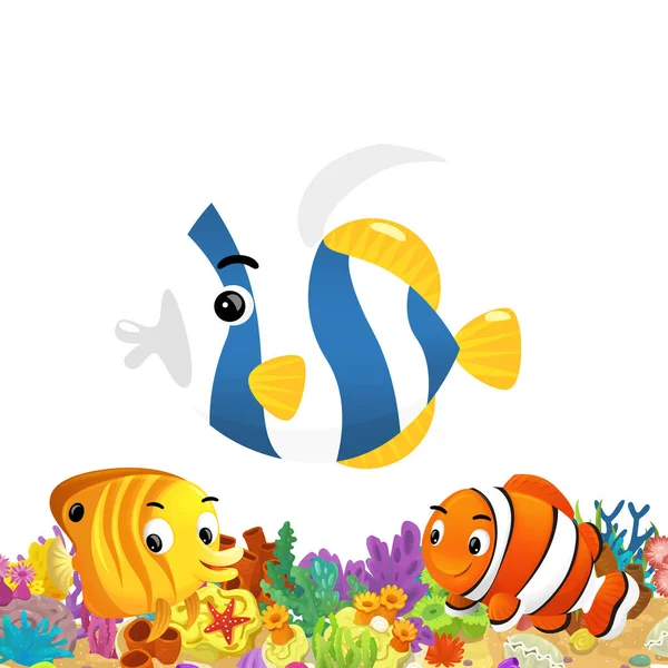 Σκηνή Κινουμένων Σχεδίων Κοραλλιογενή Ύφαλο Και Χαρούμενα Ψάρια Κολύμπι Κοντά — Φωτογραφία Αρχείου