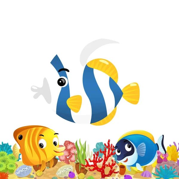 Escena Dibujos Animados Con Arrecife Coral Peces Felices Nadando Cerca —  Fotos de Stock