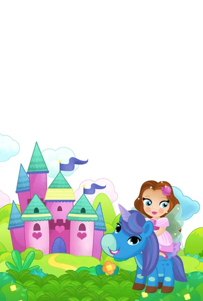 ポニー馬と妖精の王女と漫画シーンの森子供のための孤立したイラストを飛んで — ストック写真