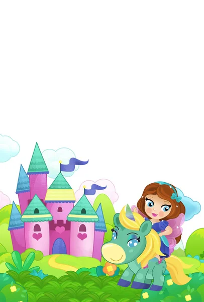 Cartoon Scene Forest Pony Horse Fairy Princess Flying Castle Isolated — Stock Photo, Image