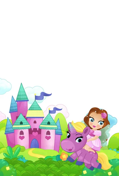 Cartoon Scene Bos Met Pony Paard Fee Prinses Vliegen Kasteel — Stockfoto
