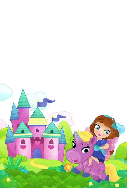 Kreslený Scéna Les Pony Kůň Víla Princezna Létání Hrad Izolované — Stock fotografie