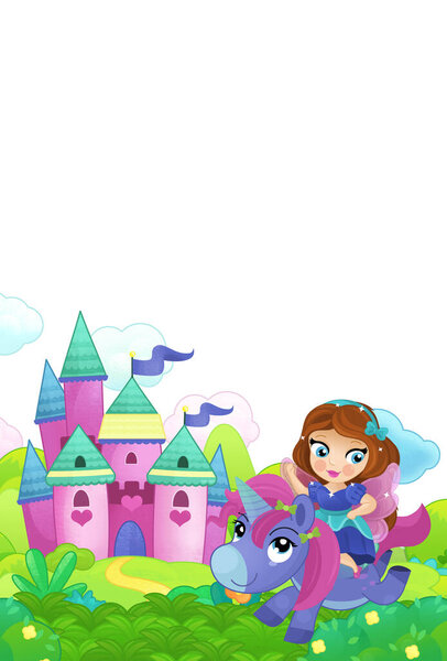 cartoon scene forest with pony horse and fairy princess flying castle isolated illustration for kids