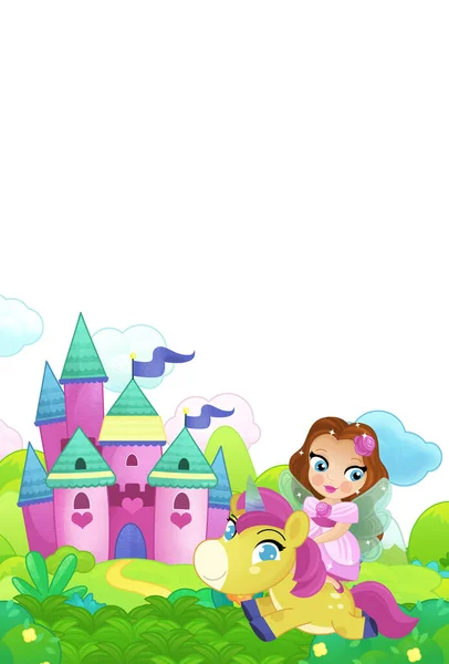 卡通片森林与小马和仙女公主一起飞城堡 为孩子们提供独立的插图 — 图库照片