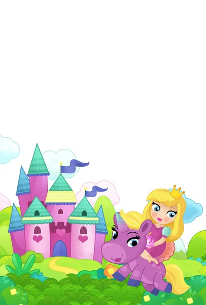 Cartoon Scene Bos Met Pony Paard Fee Prinses Vliegen Kasteel — Stockfoto
