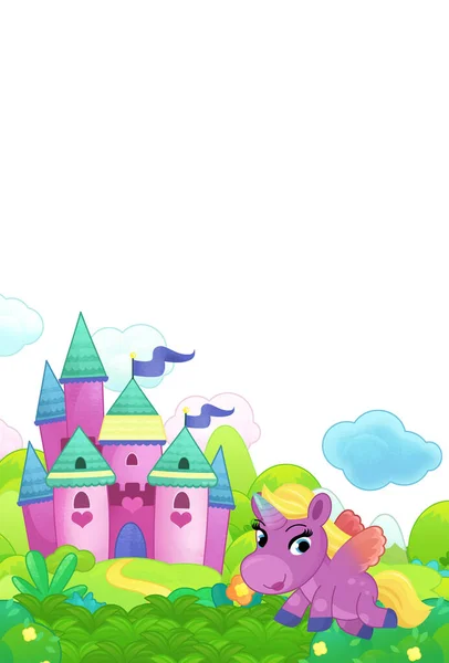 Cartoon Scene Forest Happy Pony Horses Castle Illustration Kids — Stock Photo, Image