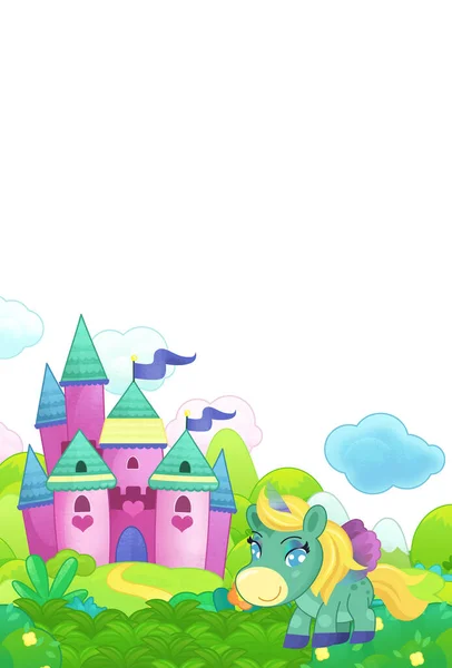 Cartoon Scene Forest Happy Pony Horses Castle Illustration Kids — Stock Photo, Image