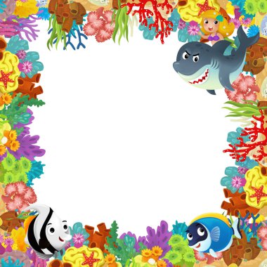 Mercan resifleri ve mutlu balıkların olduğu karikatür sahnesi çocuklar için izole edilmiş deniz kızı resimlerinin yanında yüzüyor.