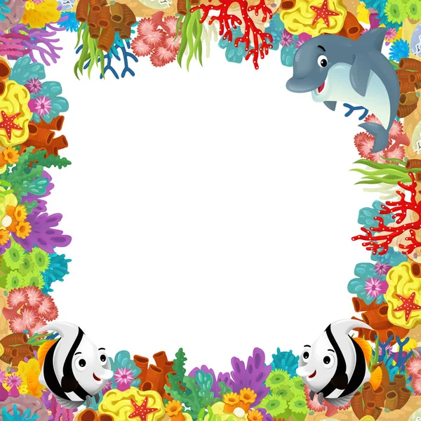 Cartoon Scene Coral Reef Happy Fishes Swimming Mermaid Princess Isolated — Stock Photo, Image