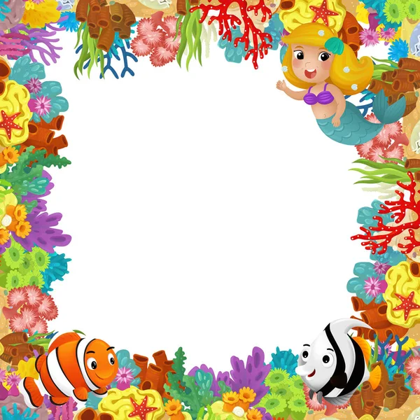 Мультяшная Сцена Коралловым Рифом Счастливыми Рыбками Плавающими Рядом Принцессой Русалкой — стоковое фото