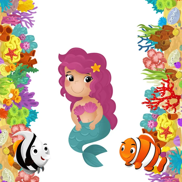 cartoon scene with coral reef and happy fishes swimming near mermaid princess isolated illustration for kids