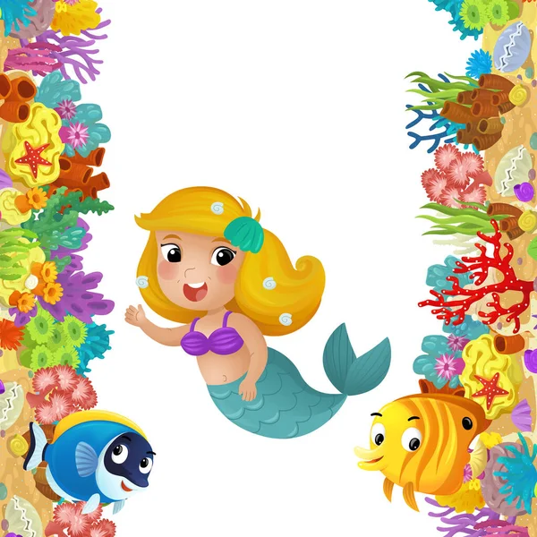 stock image cartoon scene with coral reef and happy fishes swimming near mermaid princess isolated illustration for kids