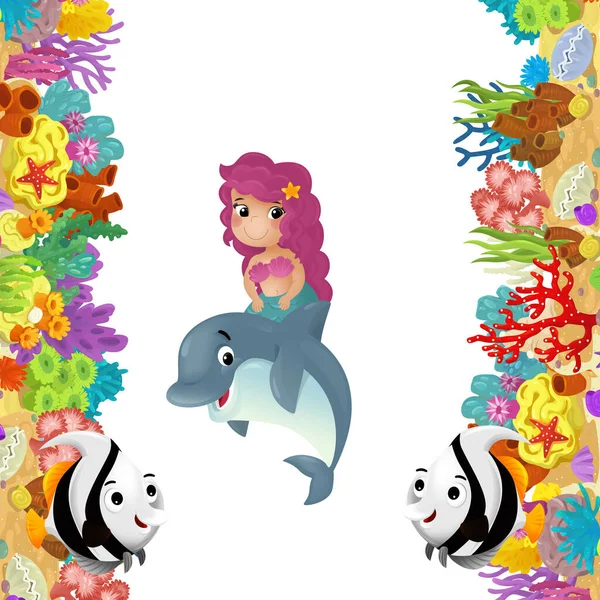 卡通片中 珊瑚礁和快乐的鱼在美人鱼公主身边游来游去 为孩子们提供了一个孤立的例证 — 图库照片