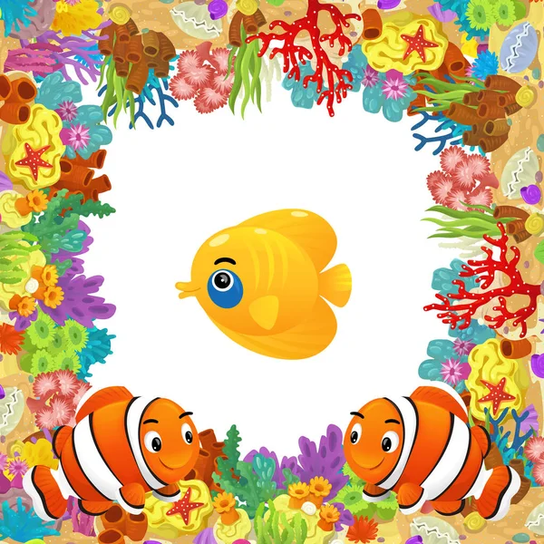 Мультяшная Сцена Коралловым Рифом Счастливыми Рыбами Плавающими Рядом Изолированной Иллюстрацией — стоковое фото