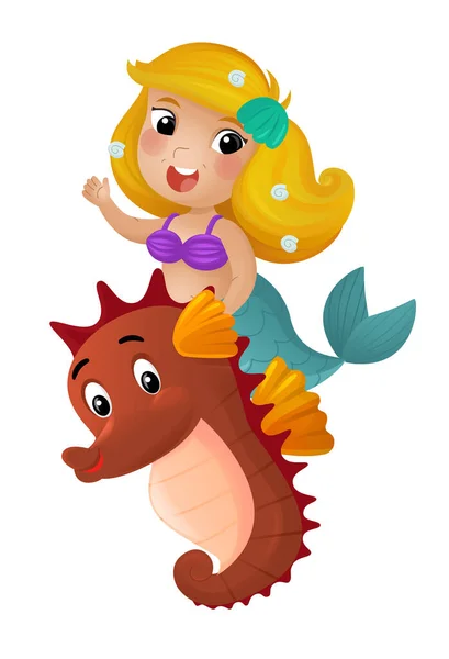 cartoon scene with mermaid princess and sea horse swimming together having fun isolated illustration for kids