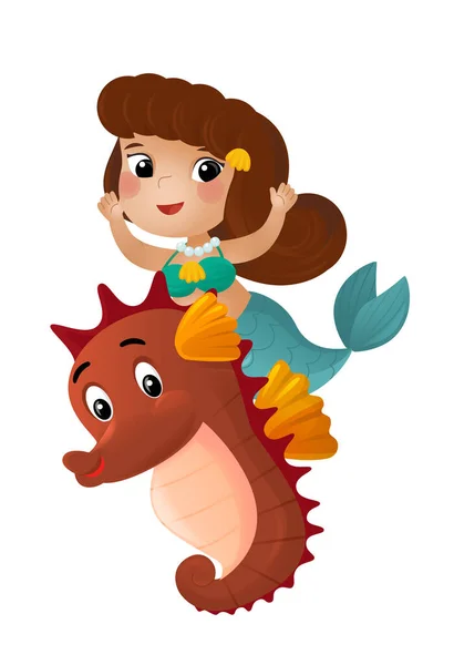 cartoon scene with mermaid princess and sea horse swimming together having fun isolated illustration for kids