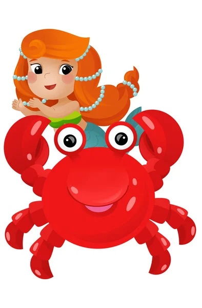 与美人鱼公主和螃蟹一起游泳的卡通片场景 为孩子们提供有趣的 孤立的插图 — 图库照片