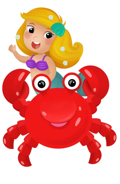 Cartoon Scene Mermaid Princess Crab Swimming Together Having Fun Isolated — Stock Photo, Image