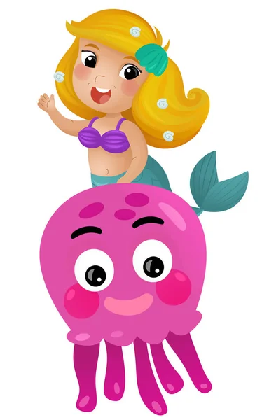 Cartoon Scene Mermaid Princess Octopus Swimming Together Having Fun Isolated — Stock Photo, Image