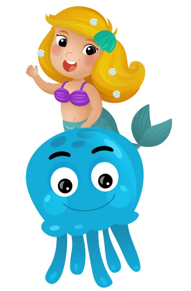 Cena Dos Desenhos Animados Com Sereia Princesa Polvo Nadando Juntos — Fotografia de Stock
