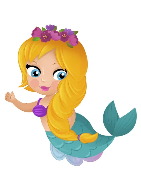 Cartoon Szene Mit Glücklicher Junger Meerjungfrau Schwimmt Isolierte Illustration Für — Stockfoto