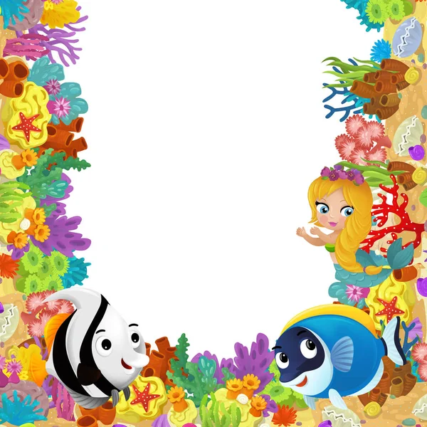 Мультяшная Сцена Коралловым Рифом Счастливыми Рыбками Плавающими Рядом Принцессой Русалкой — стоковое фото