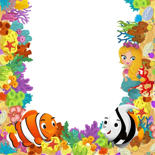 Cartoon Scene Coral Reef Happy Fishes Swimming Mermaid Princess Isolated — Stock Photo, Image