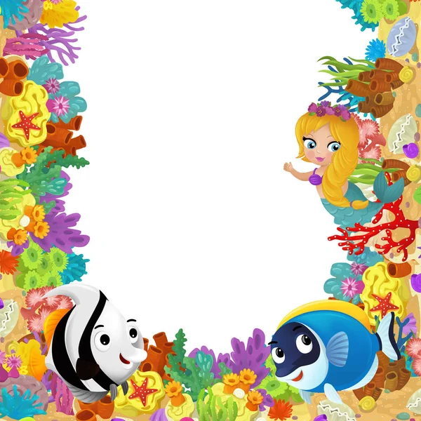サンゴ礁と幸せな魚が人魚姫の近くで泳いでいる漫画シーン子供のための孤立したイラスト — ストック写真