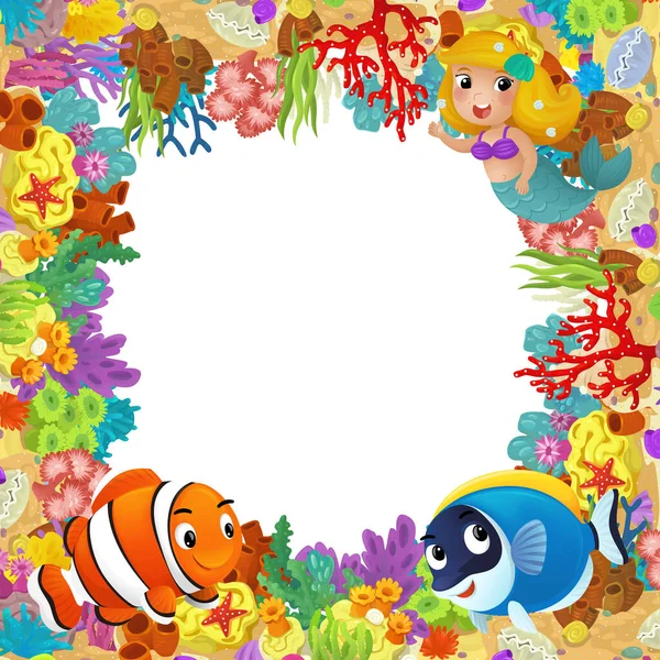 Мультяшна Сцена Кораловим Рифом Щасливими Рибами Плавають Біля Ізольованої Ілюстрації — стокове фото