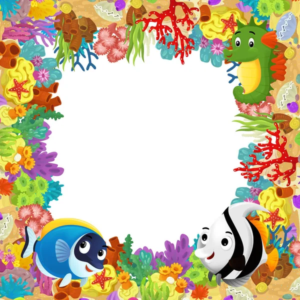 Cartoon Szene Mit Korallenriff Und Glücklichen Fischen Beim Schwimmen Der — Stockfoto