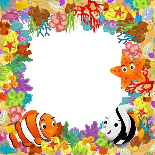 Cena Dos Desenhos Animados Com Recife Coral Peixes Felizes Nadando — Fotografia de Stock