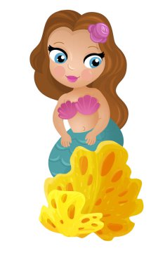 Mercan resifinin yakınlarında büyüyen deniz kızı karikatürü sahnesi çocuklar için izole edilmiş.