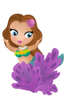 Mercan resifinin yakınlarında büyüyen deniz kızı karikatürü sahnesi çocuklar için izole edilmiş.