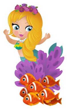 Mercan resifinin yakınlarında büyüyen deniz kızı karikatürü sahnesi çocuklar için izole edilmiş.