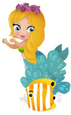 Mercan resifinin yakınlarında büyüyen deniz kızı karikatürü sahnesi çocuklar için izole edilmiş.