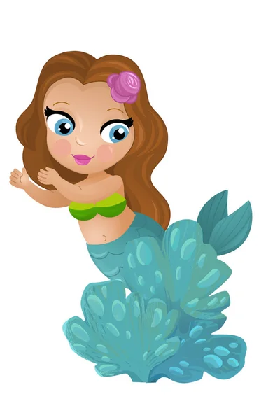 Kreskówka Scena Syrena Księżniczki Wimming Pobliżu Rafy Koralowej Izolowane Ilustracja — Zdjęcie stockowe