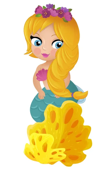卡通片中 美人鱼公主在珊瑚礁附近游来游去 为孩子们提供了一个孤立的例证 — 图库照片