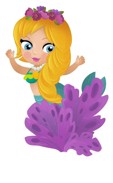 Мультяшна Сцена Русалкою Принцес Плаває Біля Коралового Рифу Ізольована Ілюстрація — стокове фото