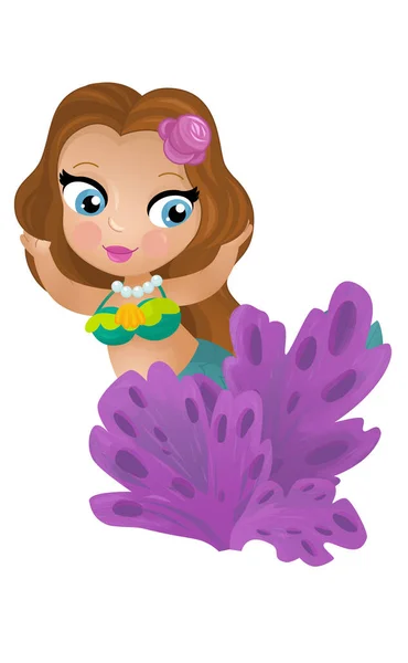 Escena Dibujos Animados Con Princesas Sirena Wimming Cerca Arrecife Coral — Foto de Stock