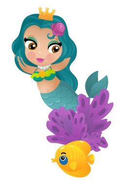 Mercan resifinin yakınlarında büyüyen deniz kızı karikatürü sahnesi çocuklar için izole edilmiş.