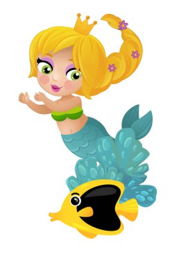 Mercan resifinin yakınlarında büyüyen deniz kızı karikatürü sahnesi çocuklar için izole edilmiş.